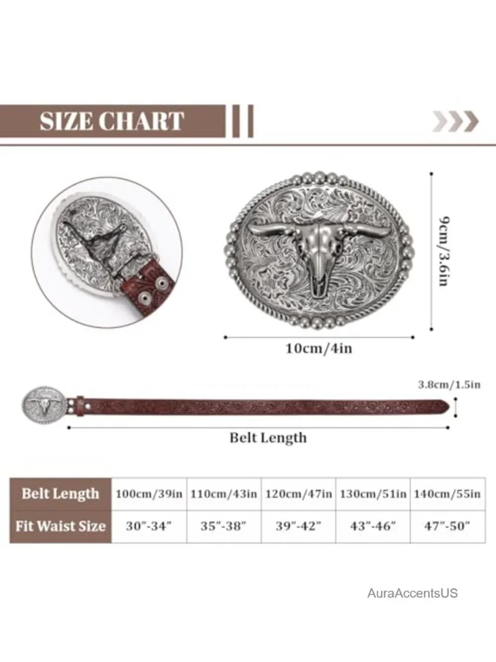 Genuine Leather Cowboy Belt with Longhorn Buckle, Embossed, Western Style for